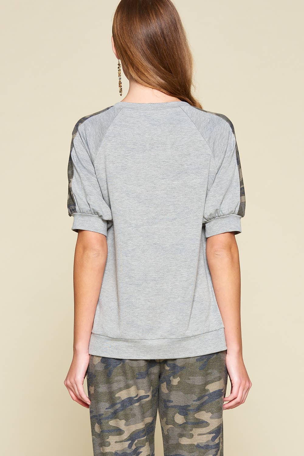 Army Camo Contrast French Terry Casual Top: Grey - The Mustard Seed Collection, The Seed