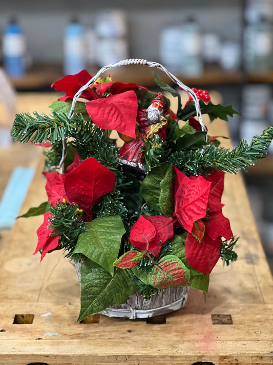 Artificial Christmas Poinsettia and Santa Basket Arrangement