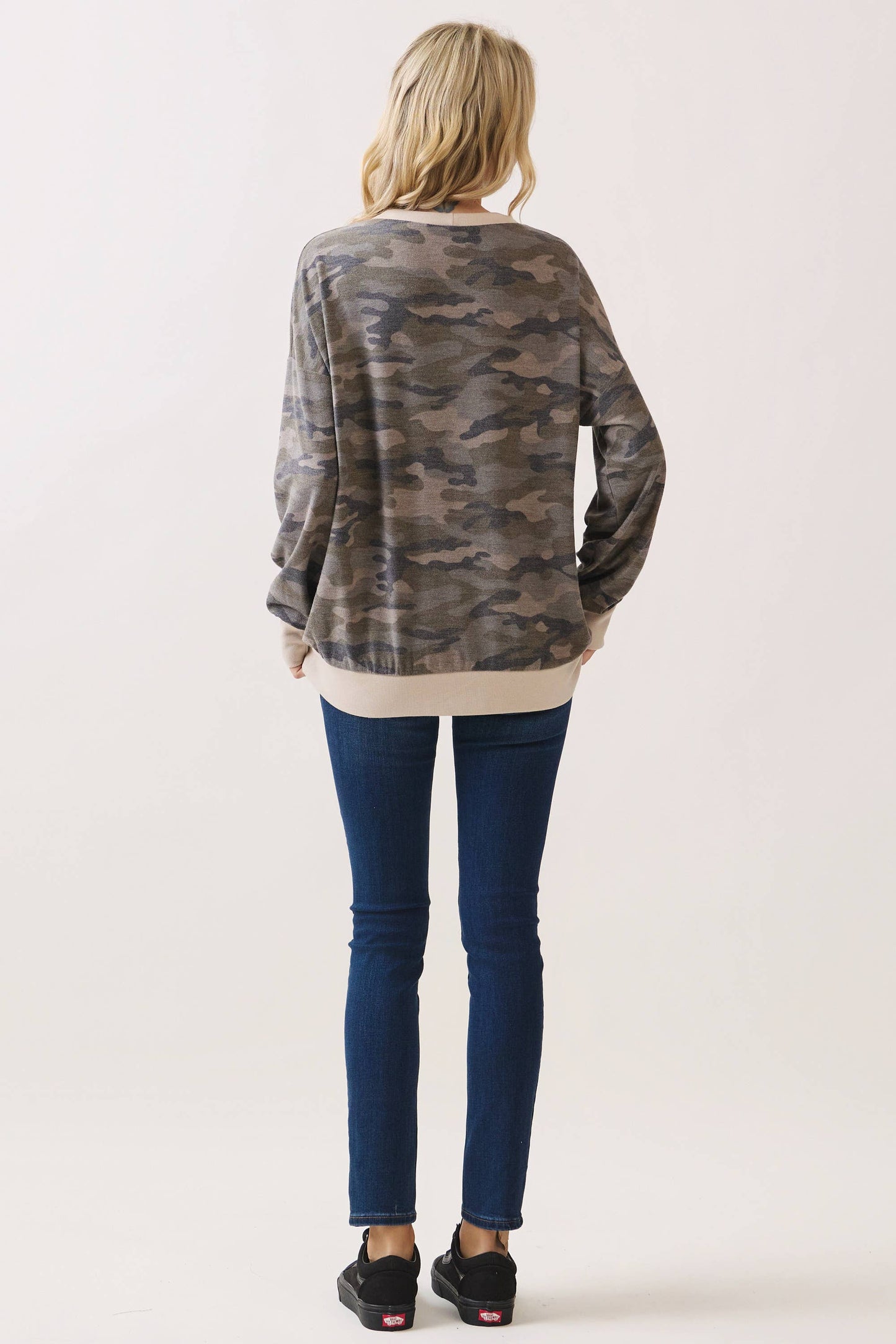 Camo Terry Knit Pullover Top: Camo/Beige