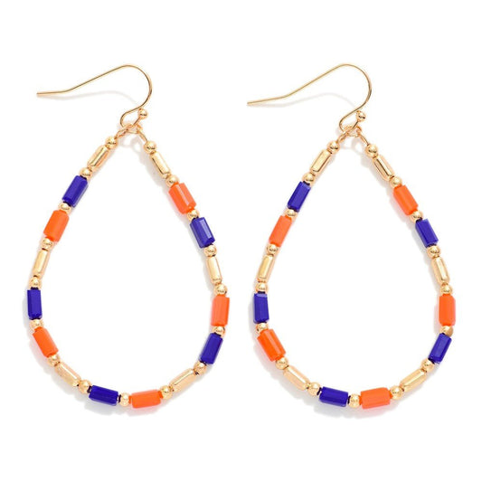 Beaded Teardrop Drop Earrings Featuring Glass Crystal & Metal Tones Cobalt Orange