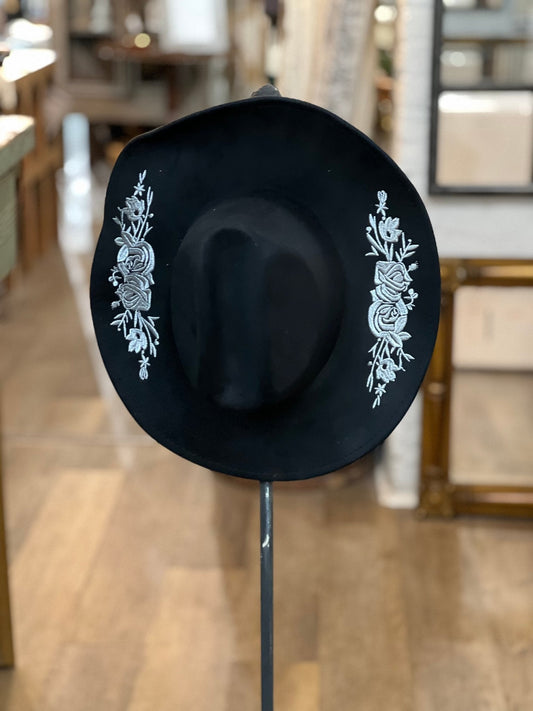 Black Cowboy Hat with White Embroidered Roses - The Mustard Seed Collection, The Seed