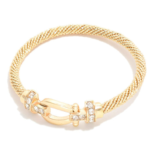 Buckle & Rhinestone Textured Metal Bangle Bracelet Gold