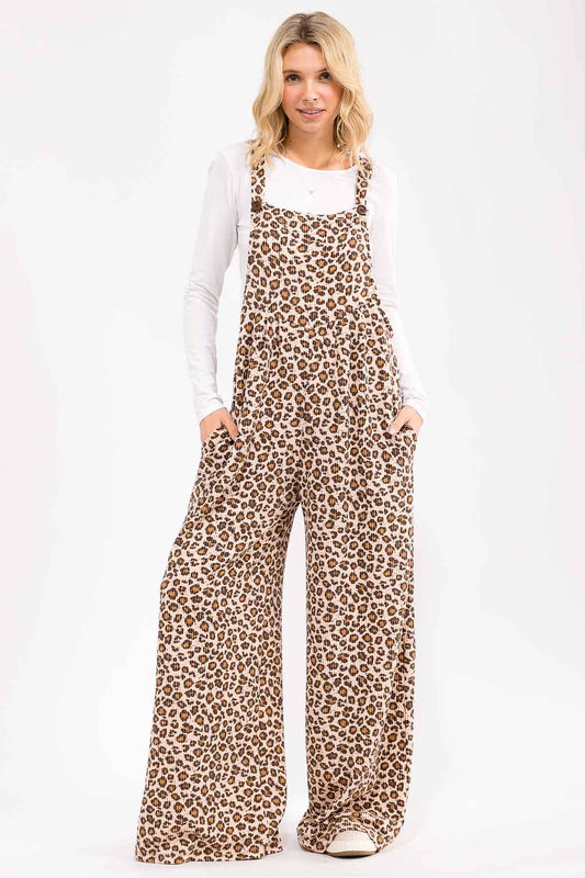 Leopard Print Wide Leg Overall Jumpsuit: As Shown