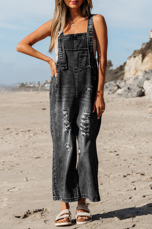 Distressed Pocketed Wide Leg Capri Black Denim Overall