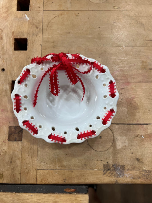 Ceramic Scalloped Bowl with Red Ribbon - The Mustard Seed Collection, The Seed