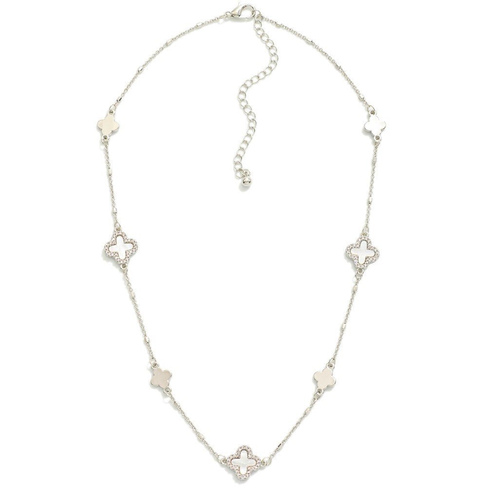 Chain Link Necklace Featuring Pearlescent Clover Stations With Cubic Zirconia Borders