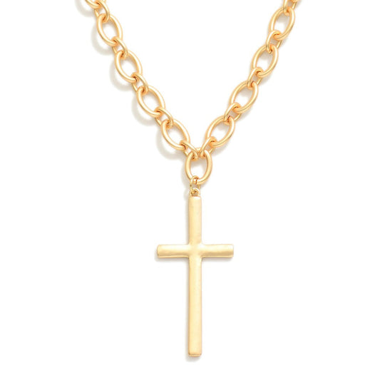 Chain Link Necklace Featuring Metal Tone Cross Pendant