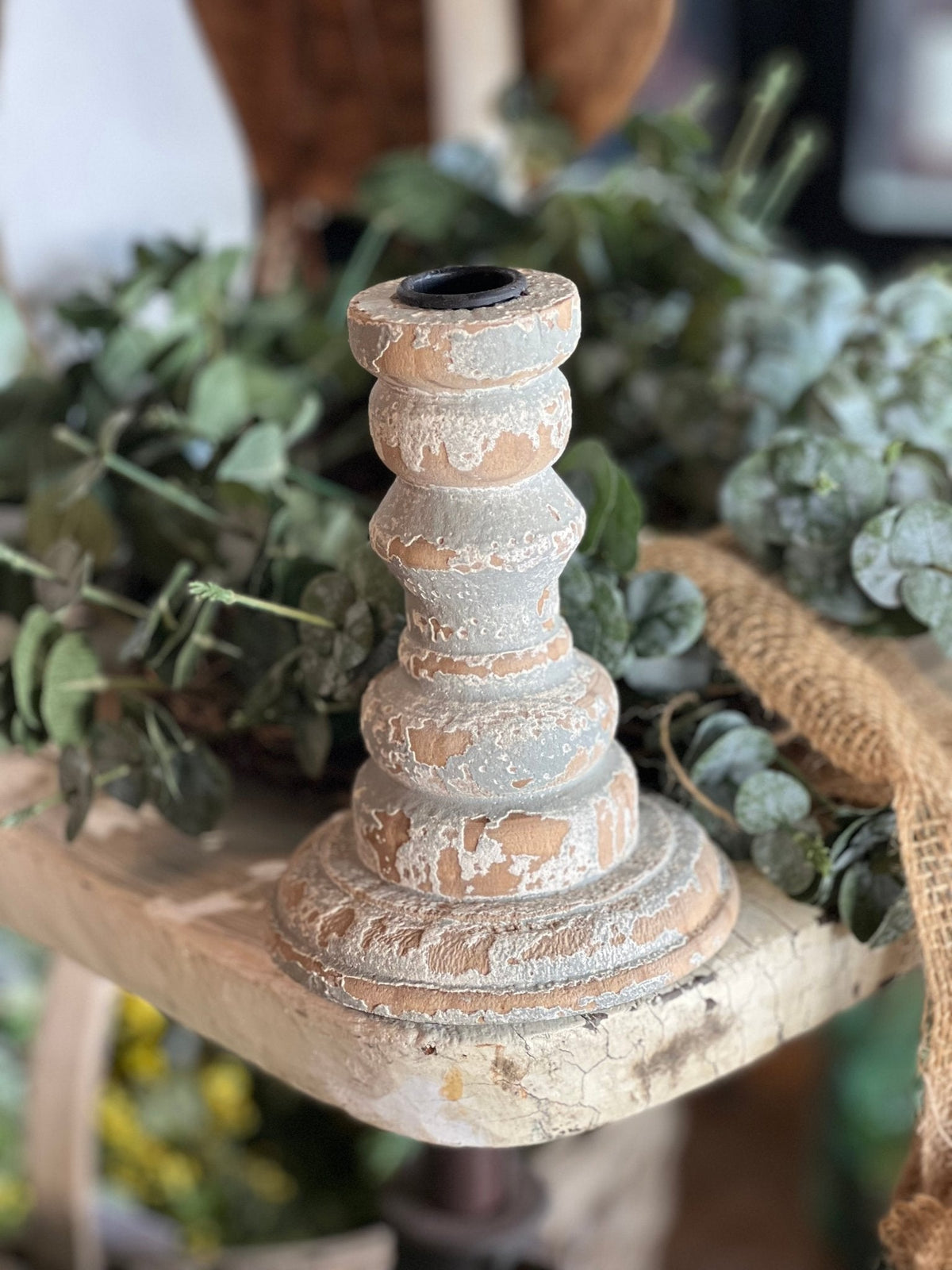 Chippy Grey-Blue Candle Holder - The Mustard Seed Collection, The Seed