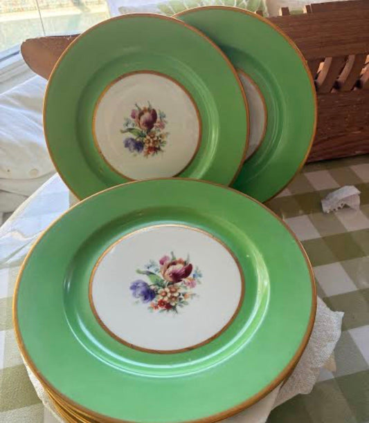 Vintage apple green and gold rim porcelain plates with floral bouquet centers
