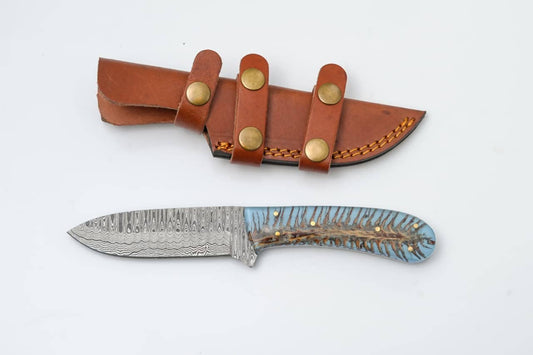 Custom Damascus Steel Knife with Blue Resin & Bone Handle - The Mustard Seed Collection, The Seed