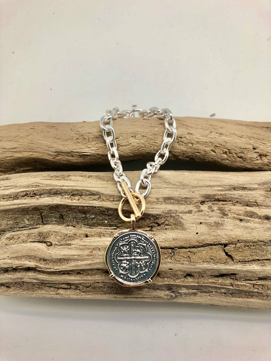 Bracelet Alloy Plated Link Chain Silver w/Two Tone CoinCharm