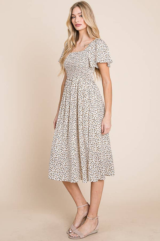 Leopard Square Neck Smocked Midi Dress