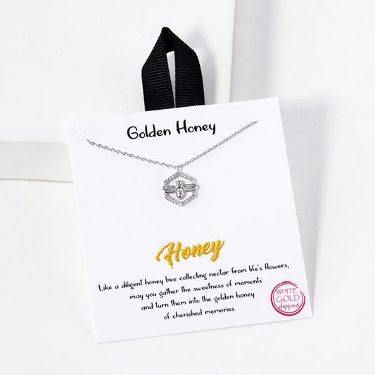 Dainty Chain Link Necklace Featuring Bee Pendant With Cubic Zirconia Hexagon Silver