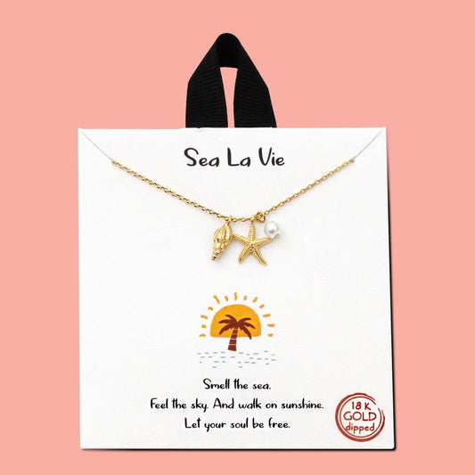 Dainty Chain Link Necklace Featuring Starfish, Conch Shell, and Pearl Pendants Gold