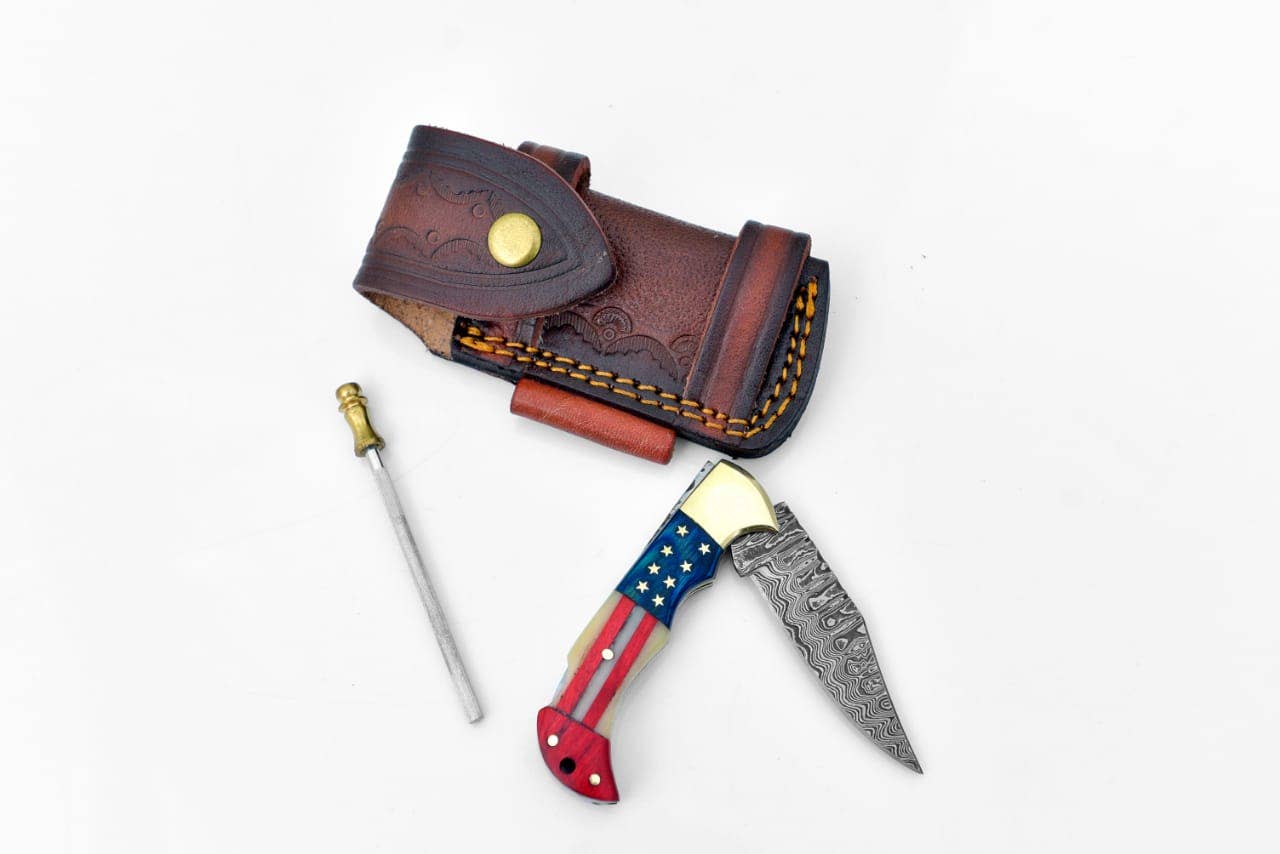 Damascus steel pocket knife Limited Run Titan Patriot