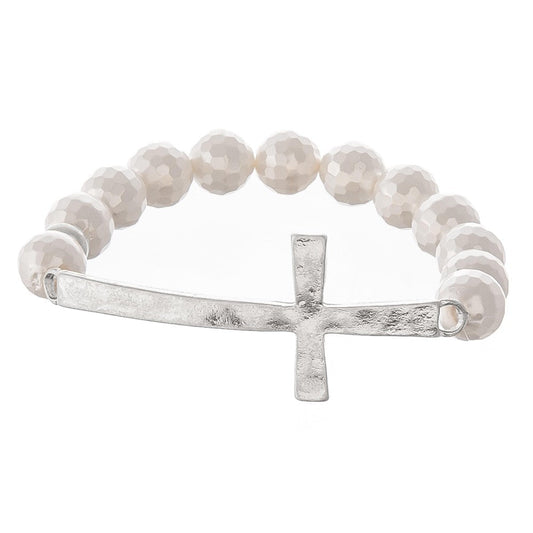 Disco Ball Beaded Hammered Cross Stretch Bracelet - The Mustard Seed Collection, The Seed