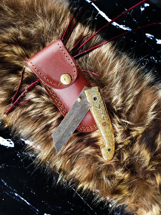 B. Titan Golden Eagle Pocket Knife - Raindrop Damascus folding blade/ Hand engraved