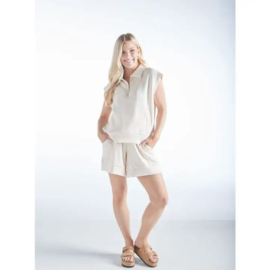 Tess Zip Up Short Sleeve Top Off White
