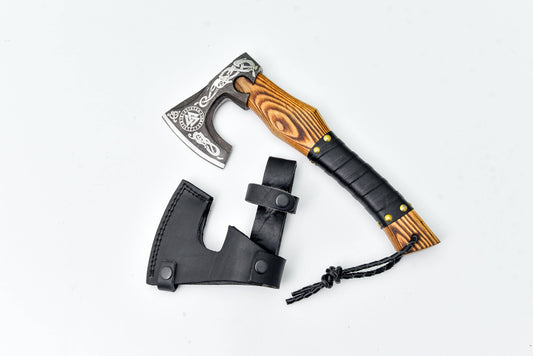 Small Bearded Axe | Hand-Forged Viking Axe with Wooden Handle & Leather Sheath | Camping, Bushcraft & Collectible Axe