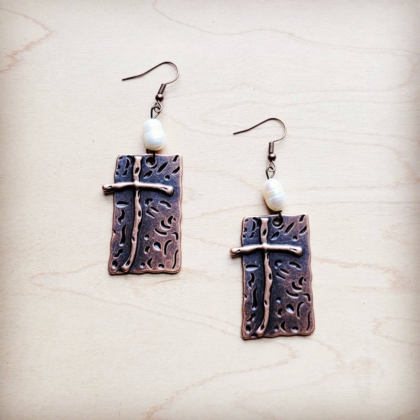 Copper Cross Earrings w/ Freshwater Pearls