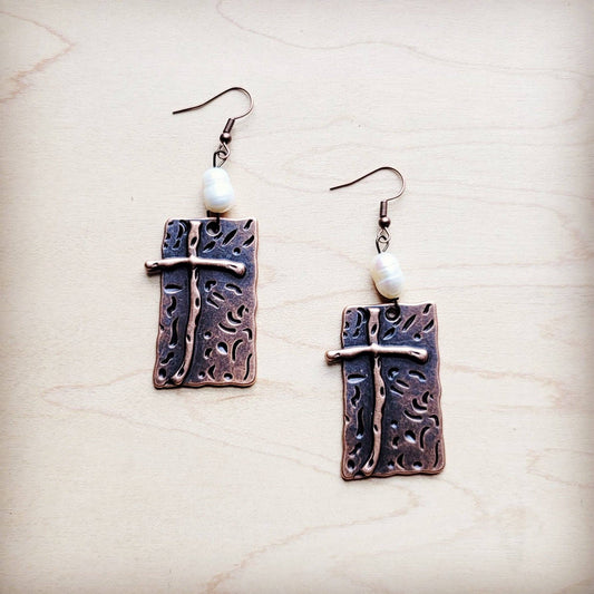 Copper Cross Earrings w/ Freshwater Pearls