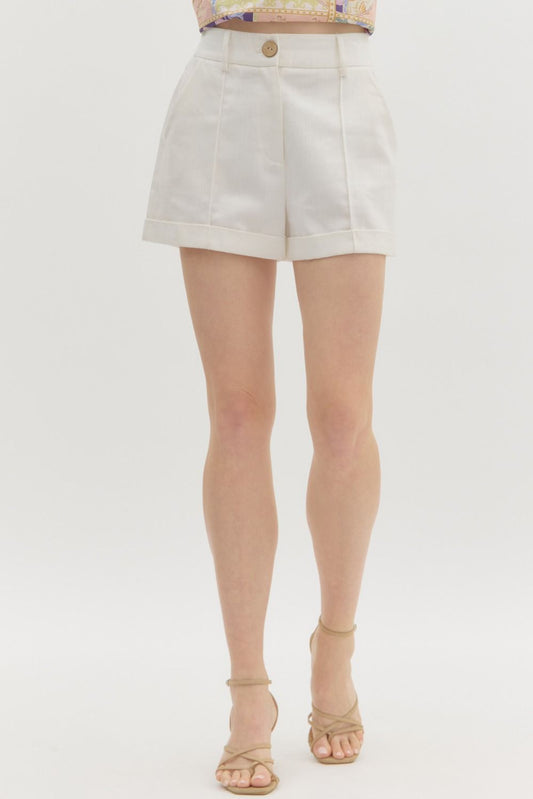 White High Waist Pleated Shorts L