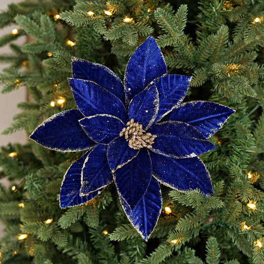 26Lx11D Fine Velvet Poinsettia w Glitter Edges-Blue