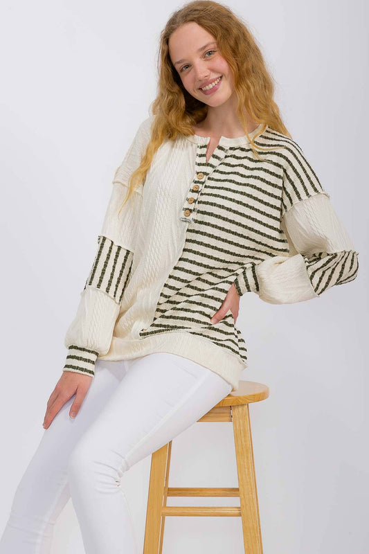 Stripe Cable Knit Patchwork Button Front Pullover Top Olive