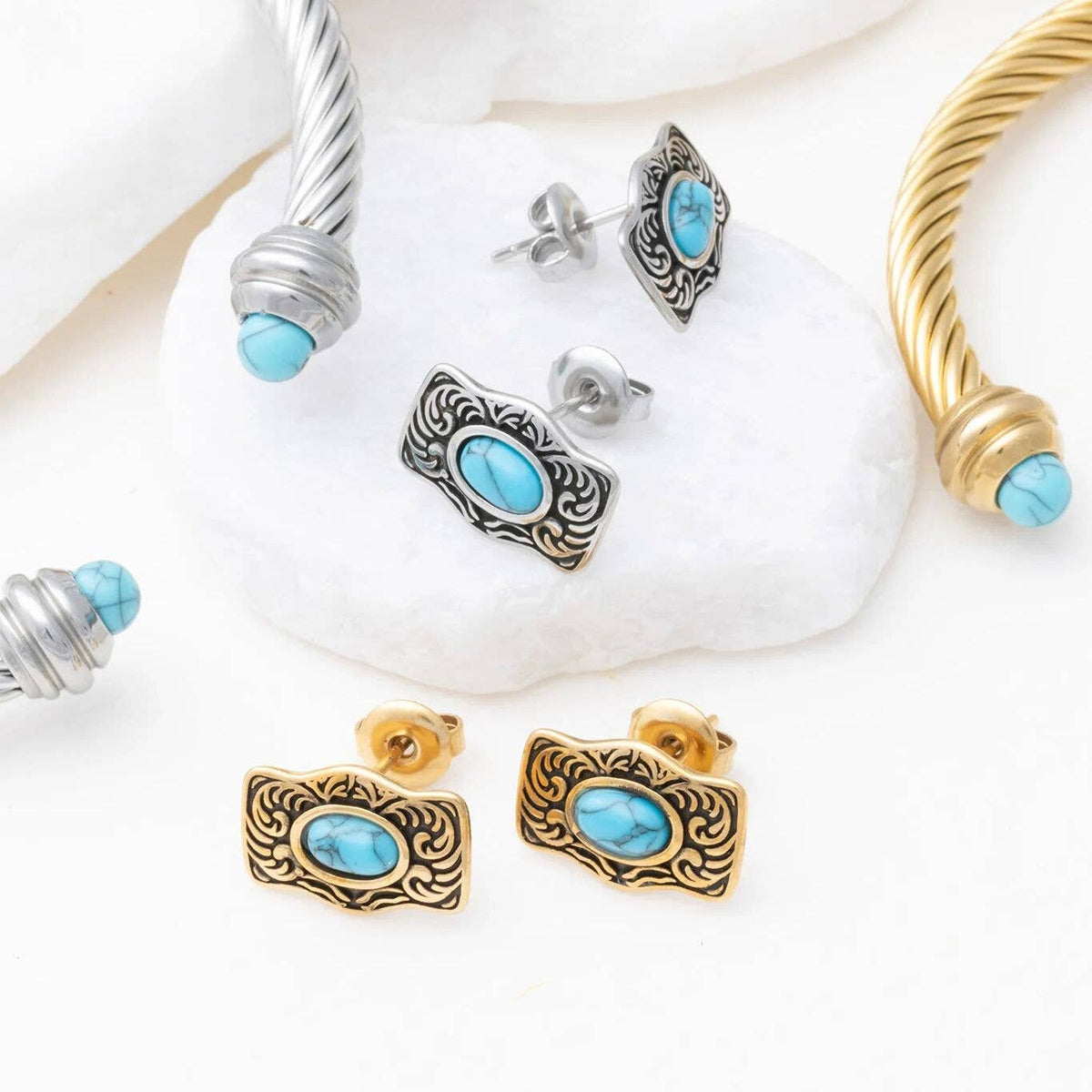 Gold Stainless Steel Turquoise Stone Buckle Stud Earrings: Stainless WJW