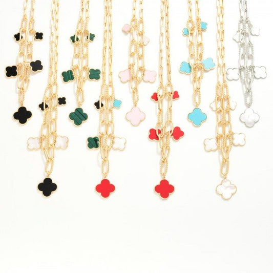 Gold Dipped Paper Clip Chain Link Necklace With Twisted Metal Link Details & Clover Charms
