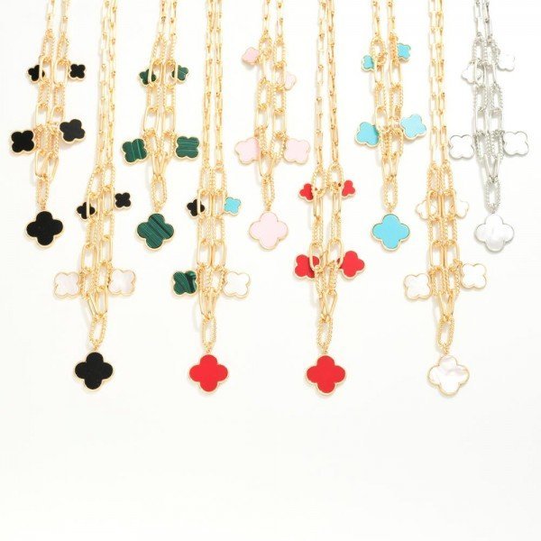 Gold Dipped Paper Clip Chain Link Necklace With Twisted Metal Link Details & Clover Charms - The Mustard Seed Collection, The Seed