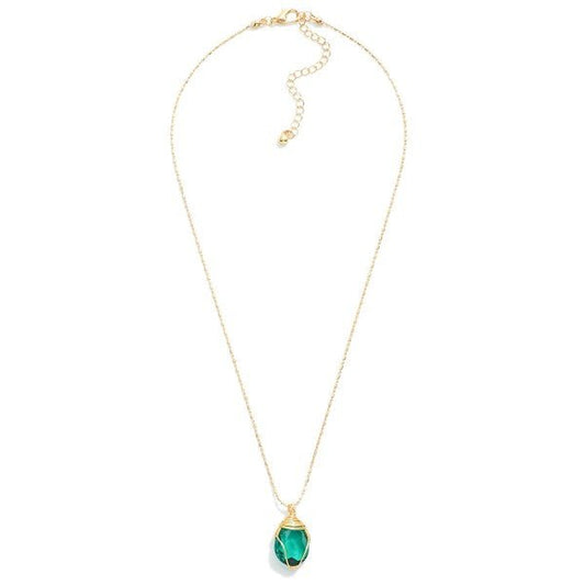 Gold Tone Ball Chain Necklace Featuring Wire Wrapped Glass Crystal Pendant