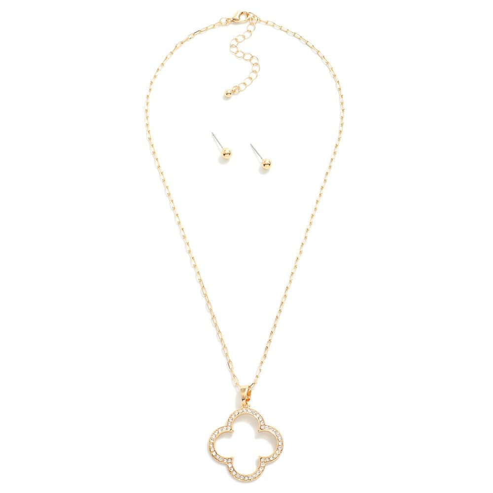 Paperclip Chain Link Necklace Featuring Hollow Rhinestone Studded Clover Pendant Judson