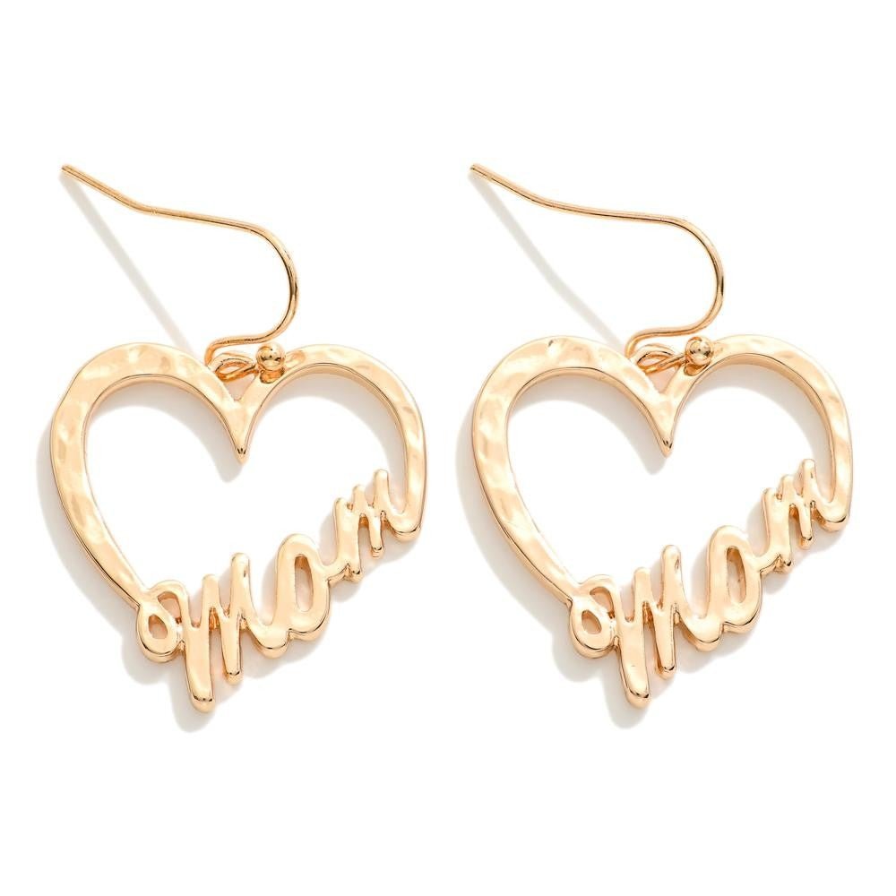 Hammered Metal Heart 'Mom' Drop Earrings Gold Tone - The Mustard Seed Collection, The Seed