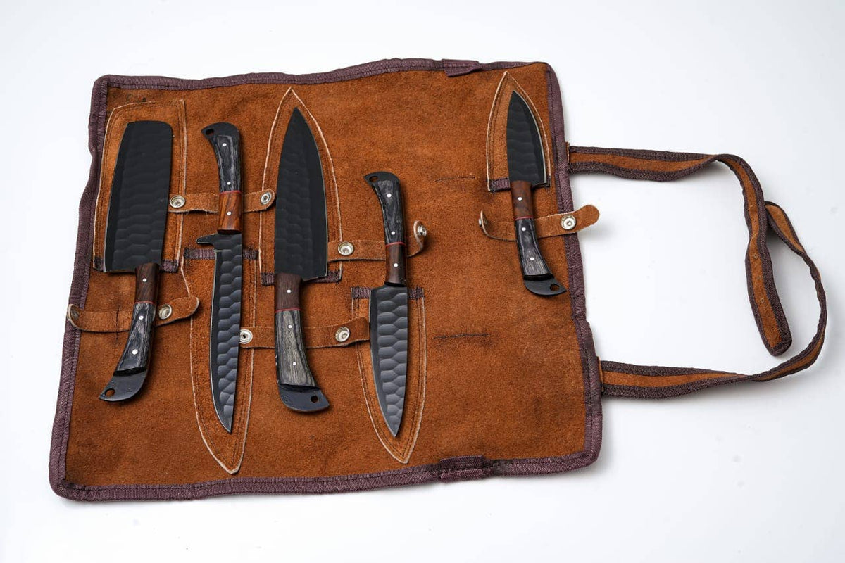 Hand-Forged 5-Piece Kitchen Knife Set | Hammered Black Carbon Steel | Pakawood & Black WalnutHandles