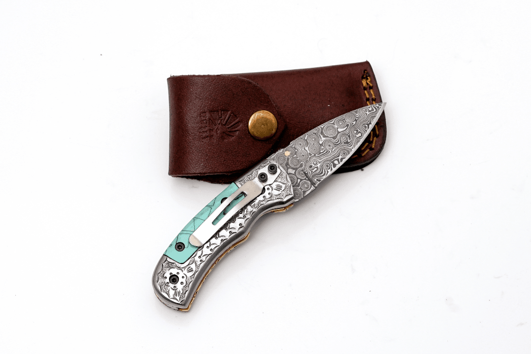 Hand-Forged Damascus Folder | Turquoise Handle, Engraved Bolster & Intricate Scrollwork - The Mustard Seed Collection, The Seed