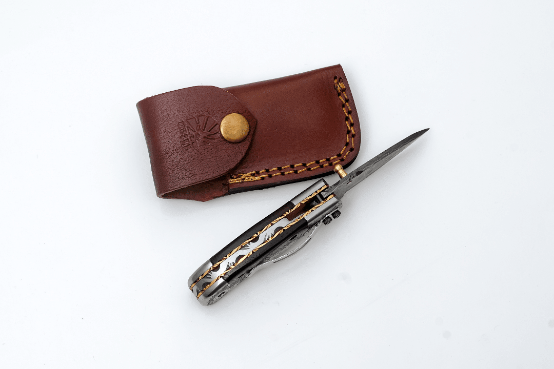 Hand-Forged Damascus Folding Knife | Engraved Bolster, Dark Wood Handle & Intricate Spine File Work - The Mustard Seed Collection, The Seed