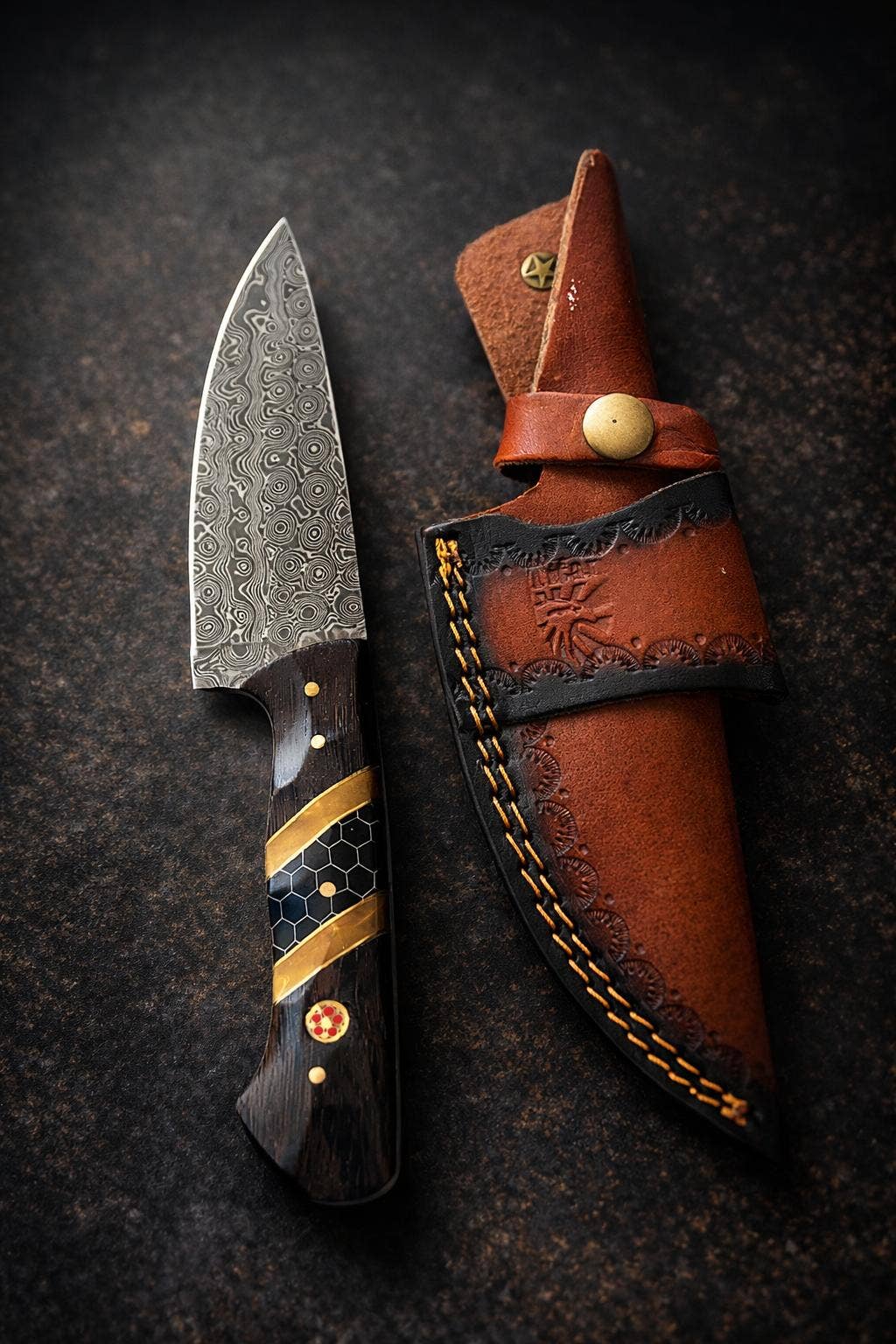 Hand-Forged Damascus Steel Drop Point Outdoor Knife | Diamond Wood, Black Honeycomb Resin Handle | Leather Sheath