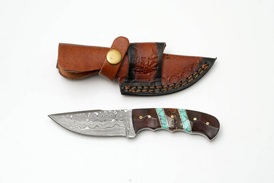 Hand-Forged Damascus Steel Skinner | Custom Amber Honeycomb & Turquoise Handle | Premium Western Field Knife - The Mustard Seed Collection, The Seed