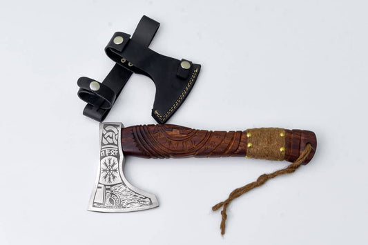 Handcrafted Viking Axe "Fenrir's Mark" — Engraved Carbon Steel Hatchet with Runic Carved Handle & Leather Sheath - The Mustard Seed Collection, The Seed