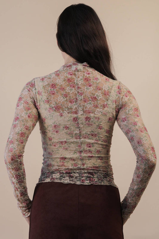 High Neck Fitted Sheer Mesh Lace Knit Top: BEIGE FLORAL - The Mustard Seed Collection, The Seed