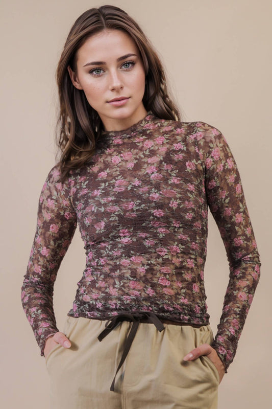 High Neck Fitted Sheer Mesh Lace Knit Top: CHOCOLATE FLORAL - The Mustard Seed Collection, The Seed