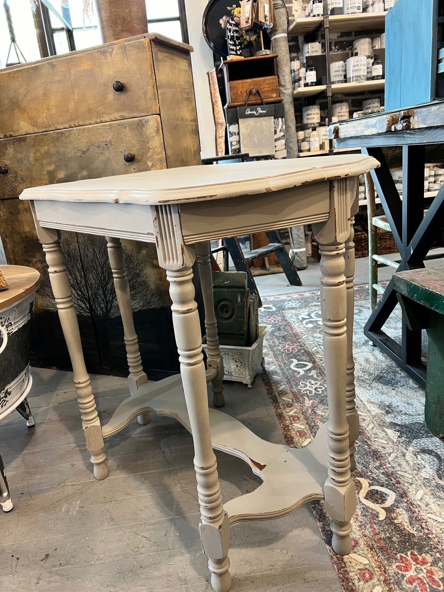 Painted Antique Spindle leg occasional table in French linen