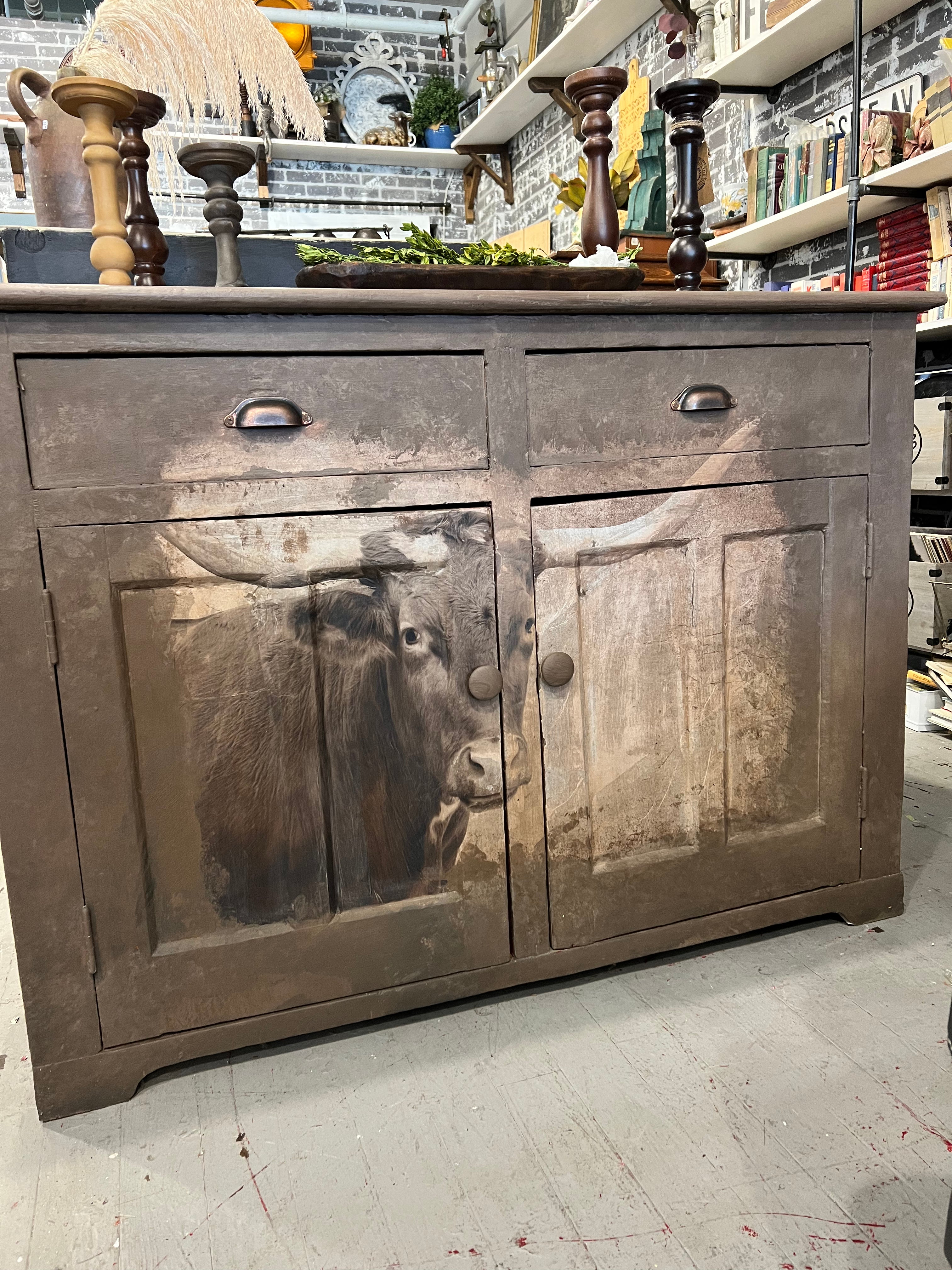 Primitive SideBoard Painted With Longhorn Grays Auction