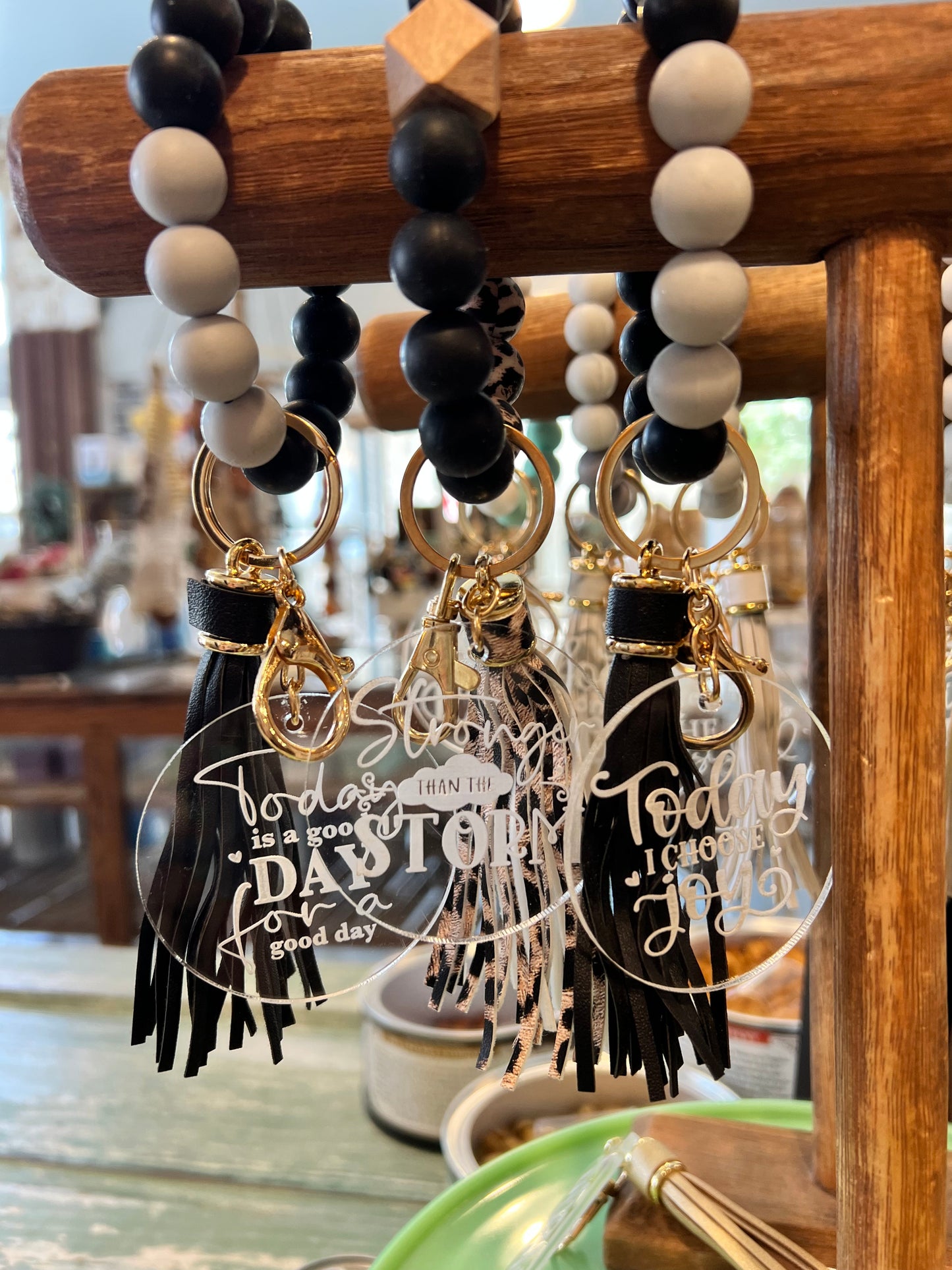 Soft Pink and Grey Marble Silicone Wristlet Beaded Key Chain Bracelet with Tassel and Motivational Engraved Acrylic Charm of choice!