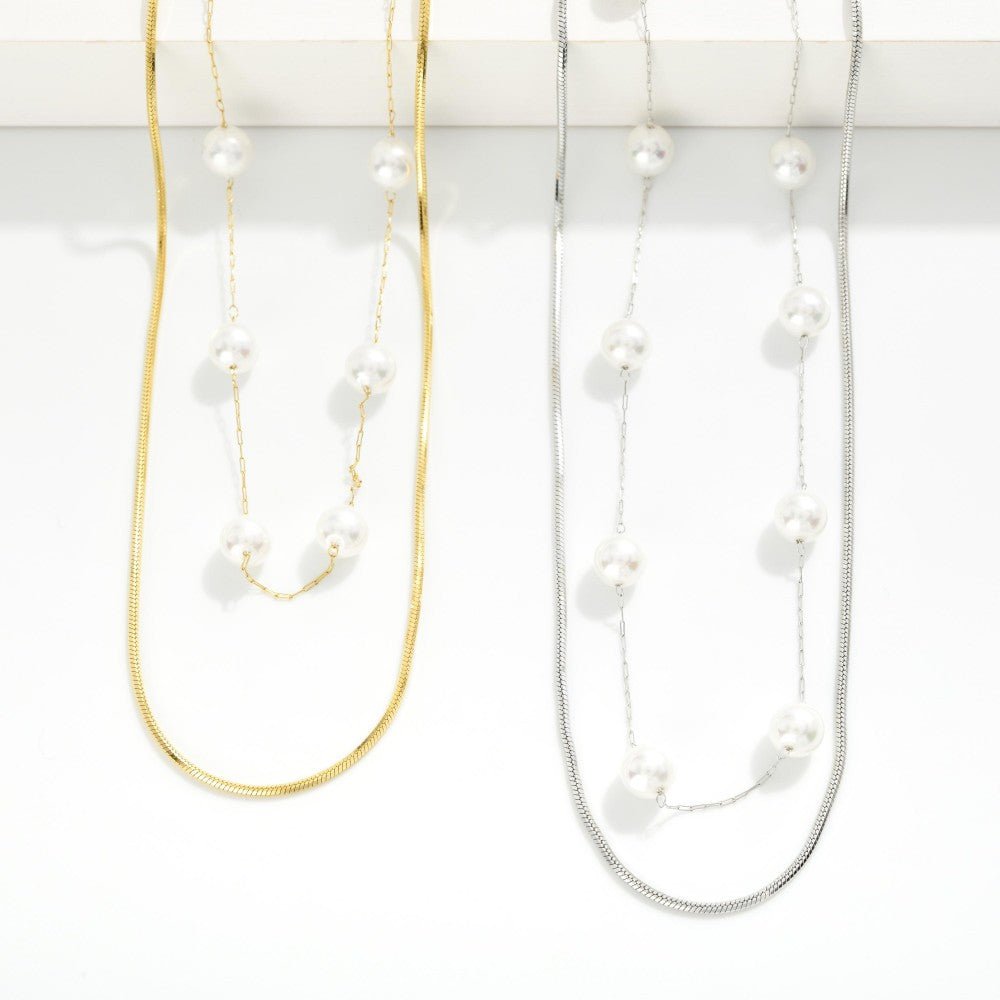 Layered Chain Link Necklace Featuring Pearl Stations