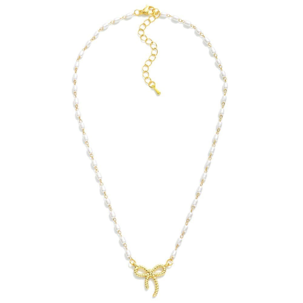 Linked Pearl Beads Necklace With Bow Pendant - The Mustard Seed Collection, The Seed
