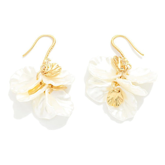 Linked Pearl Flower Petal Tassel Drop Earrings Featuring Gold Tones - The Mustard Seed Collection, The Seed