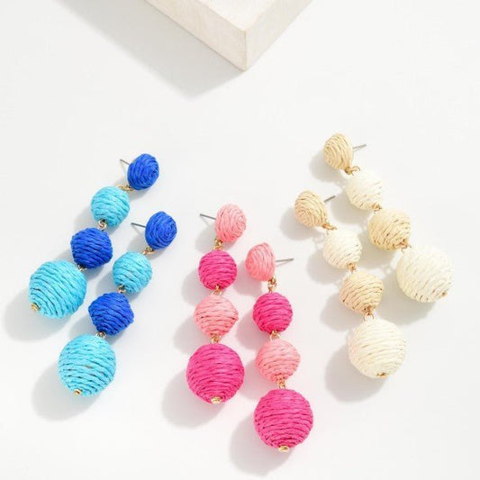 Linked Raffia Wrapped Balls Post Drop Earrings - The Mustard Seed Collection, The Seed