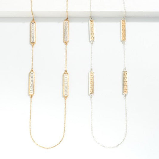Long Metal Chain Link Necklace Featuring Laser Cut Flower Bar Charms